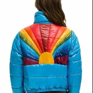 Aviator Nation Blue Puffer Jacket with Rainbow Sunback
